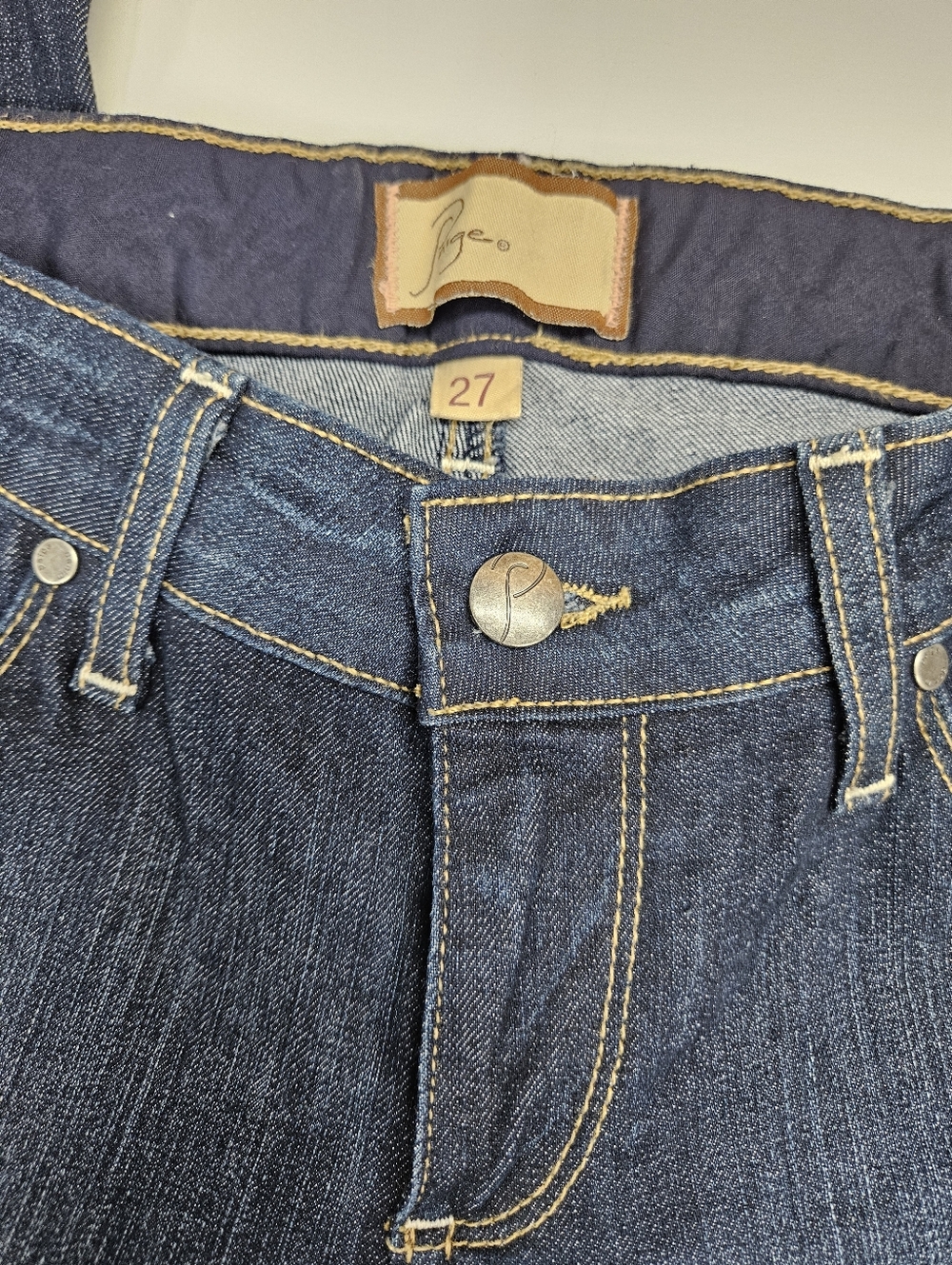 PAIGE Canyon Boot Size 27 womens  Dark Indigo Jeans with Golden Stitching - Picture 2 of 11